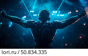 Triumphant Back: Warrior bathed in electric rain raises arms in victory. Стоковое AI-изображение, AI-художник Данила Большаков / Фотобанк Лори