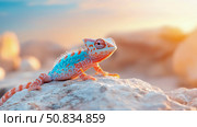 Colorful Chameleon basking in the golden light, perched atop a weathered rock formation, under the bright sky. Стоковое AI-изображение, AI-художник Данила Большаков / Фотобанк Лори