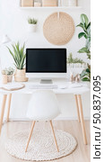 Home Office Interior: Minimalist Workplace, Desktop Computer, Elegant Chair, Plant, Interior workspace, Work From Home, WFH. Стоковое AI-изображение, AI-художник Данила Большаков / Фотобанк Лори