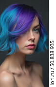 Portrait woman with bright colored flying hair, all shades purple blue. Hair coloring, beautiful lips and makeup. Hair fluttering in wind. Sexy girl with short hair. Professional haircut. Стоковое AI-видео, аниматор Sergey Grishin / Фотобанк Лори