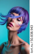Portrait woman with bright colored flying hair, all shades of purple blue. Hair coloring, beautiful lips and makeup. Hair fluttering in the wind. Sexy girl with short hair. Professional haircut. Стоковое AI-видео, аниматор Sergey Grishin / Фотобанк Лори