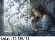 Atmospheric fantasy art illustration: a thoughtful young woman with long wavy hair sits by a window, surrounded by intertwined branches with leaves. Her gaze is directed upwards, into the space between dream and reality. The color scheme is cold, with a predominance of blue and gray tones, which creates a feeling of melancholy, solitude and subtle inner strength. Ideal for themes "inspiration", "longing", "magic", "mythology", "feminine power", "fairytale plot". Стоковое AI-изображение, AI-художник Анна Кривицкая / Фотобанк Лори