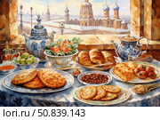 Watercolor illustration of traditional Russian tea party with a view of ancient temples with domes in the background. On the table there is a porcelain set in the Gzhel style, a samovar, pies, pastries, jam, green apples, tomatoes, pretzels and sweets. The scene conveys an atmosphere of coziness, hospitality and Russian cultural heritage. Ideal for use in the themes of gastronomy, traditions, tourism, recipes and holiday cards. Стоковое AI-изображение, AI-художник Анна Кривицкая / Фотобанк Лори