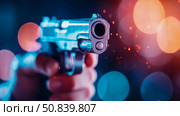 Deadly Weapon Aim: Pistol held pointing at viewer, action movie scene or criminal threat in a dramatic lighting with blurred bokeh. Стоковое AI-изображение, AI-художник Данила Большаков / Фотобанк Лори