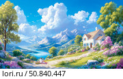 Scenic Retreat: Mother and Child Overlook a Serene Mountain Valley, Cottages nestled in Blooms, a Pastoral dream. Стоковое AI-изображение, AI-художник Данила Большаков / Фотобанк Лори