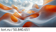 Ethereal Woven Landscape: An abstract composition of flowing textile forms and soft, bright sky in a fantasy world. Стоковое AI-изображение, AI-художник Данила Большаков / Фотобанк Лори
