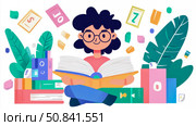 Illustration of a woman immersed in reading among books and nature elements, ideal for educational materials, print, and promotional uses. Стоковое AI-изображение, AI-художник Данила Большаков / Фотобанк Лори