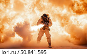 Courageous firefighter wielding flamethrower amidst fiery blaze, facing inferno danger, showcasing bravery. Стоковое AI-изображение, AI-художник Данила Большаков / Фотобанк Лори