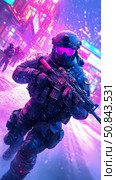 Futuristic Combat: Patrol amidst glowing metropolis, enforcing security in a cyberpunk city, showcasing advanced weapon and tactical gear. Стоковое AI-изображение, AI-художник Данила Большаков / Фотобанк Лори