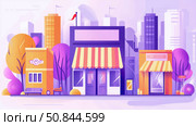 A vibrant cityscape of storefronts and buildings in a playful color palette. Стоковое AI-изображение, AI-художник Данила Большаков / Фотобанк Лори
