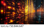 Cyberpunk Data Stream: Luminous Dots Illuminate Digital Corridor for Technology Background. Стоковое AI-изображение, AI-художник Данила Большаков / Фотобанк Лори