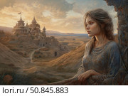 An atmospheric fantasy scene depicting a young woman looking thoughtfully at an ancient city spread out before her. The heroine stands at a carved stone balcony, while on the horizon rise the domes and towers of a majestic fortress, made in a fairy-tale architectural style. The soft warm light of the setting sun fills the landscape, creating a sense of nostalgia, foreboding and magic. Ideal for fantasy themes, ancient civilizations, feminine power, travel and historical plots. Стоковое AI-изображение, AI-художник Анна Кривицкая / Фотобанк Лори