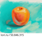 Bright red orange apple without leaves on pixel illustration of juicy for digital art projects and healthy food concepts on blue background. Стоковое фото, фотограф Дарья Мережина / Фотобанк Лори