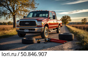 A red pickup truck with a flat tire and a tow strap. Стоковое AI-изображение, AI-художник Ярославский Максим / Фотобанк Лори