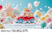 Whimsical Journey: A toy car loaded with sweet treats travels through a candy wonderland. Стоковое фото, фотограф Данила Большаков / Фотобанк Лори