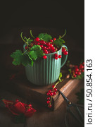 Freshly picked redcurrants are overflowing a green ribbed cup placed on a small wooden board, with a red origami boat and scissors in the foreground, creating a rustic and charming still life. Стоковое фото, фотограф Ольга Ильина / Фотобанк Лори