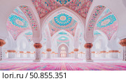 Interior: A symmetrical hall with arches and floral murals. Стоковое AI-изображение, AI-художник Данила Большаков / Фотобанк Лори