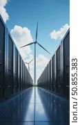 Sustainable Data Center with Wind Turbine. Стоковое AI-видео, аниматор Sergey Grishin / Фотобанк Лори