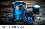 Still life featuring blue candies in metal tins, on a dark wood surface, for a luxury confectionary brand. Стоковое AI-изображение, AI-художник Данила Большаков / Фотобанк Лори