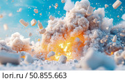 Explosive Blast: Intense cloud formation and debris scattering across bright blue sky, moment of impactful change, usable for digital promo, advertisement. Стоковое AI-изображение, AI-художник Данила Большаков / Фотобанк Лори