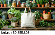 A blank white canvas tote bag stands out on a weathered wooden surface, showcasing an abundance of vibrant, fresh vegetables and herbs in the background at a lively eco-market. Стоковое AI-изображение, AI-художник Юлия Ильина / Фотобанк Лори
