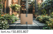 A mock-up parcel box rests on a welcoming porch, illuminated by soft lights . Concept of shipping care. Copy space. Стоковое AI-изображение, AI-художник Юлия Ильина / Фотобанк Лори