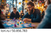 Friends enjoying quality time playing a boardgame. Стоковое AI-изображение, AI-художник Данила Большаков / Фотобанк Лори