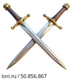 Two Crossed Swords With Gold Accents and Wooden Grips. Generative AI. Стоковое AI-изображение, AI-художник Roman Zavorotny / Фотобанк Лори