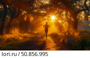 Sunrise run: A solitary figure sprints down path at dawn. Стоковое AI-изображение, AI-художник Данила Большаков / Фотобанк Лори