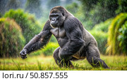 Powerful Gorilla Stands in Rain-Soaked Grassland. Generative AI. Стоковое AI-изображение, AI-художник Roman Zavorotny / Фотобанк Лори