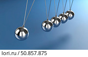 Newton's cradle illustrating the laws of motion and energy conservation, symbolizing cause and effect, decision-making or ripple effect in business or science. Стоковое AI-изображение, AI-художник Ольга Сухарева / Фотобанк Лори