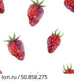 ripe strawberries of different shapes, seamless pattern on a white background, drawn in watercolor. Стоковая иллюстрация, иллюстратор Екатерина Тимонова / Фотобанк Лори