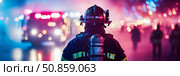 A Firefighter's Courage: Responder in Protective Gear Stands Guard Amidst Emergency. Стоковое AI-изображение, AI-художник Данила Большаков / Фотобанк Лори