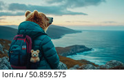 Contemplative Bear: Lone Explorers Serene Mountain Overlook. Стоковое AI-изображение, AI-художник Данила Большаков / Фотобанк Лори