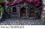 Stone facade adorned with floral cascades and cobbled street, suggesting an idyllic retreat. Стоковое AI-изображение, AI-художник Данила Большаков / Фотобанк Лори