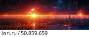 Futuristic Metropolis: A vibrant cityscape with cosmic aurora, illuminated by horizon light, mirroring in water. Стоковое AI-изображение, AI-художник Данила Большаков / Фотобанк Лори