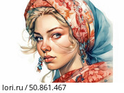 Portrait of a young girl in a bright scarf with a patterned ornament, done in watercolor style. The girl's face is expressive, with soft features and clear blue eyes. Her hair is slightly fluttering in the wind, creating a sense of liveliness and naturalness. The image combines traditional motifs and a modern artistic interpretation. Стоковое AI-изображение, AI-художник Анна Кривицкая / Фотобанк Лори