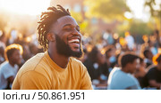 Golden Hour Serenity: Man's Joyful Laughter in the Warm Sunlight, Candid Moment of pure delight, embracing life's simple pleasures. Стоковое AI-изображение, AI-художник Данила Большаков / Фотобанк Лори