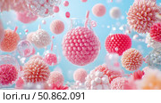 Floral Infusion: A dreamy composition of spheres, flowers, and fluid in soft pink and blue hues, ideal for a spa product advertisement. Стоковое AI-изображение, AI-художник Данила Большаков / Фотобанк Лори