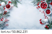 Winter Holiday Festivity: Festive berry and fir branch arrangement with snowy texture for Christmas celebration, card, greeting. Стоковое AI-изображение, AI-художник Данила Большаков / Фотобанк Лори