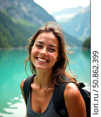 Smiling woman with backpack and fair complexion posed against a tranquil lake background. Стоковое AI-изображение, AI-художник Сергей Бирюков / Фотобанк Лори