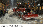 Winter Cityscape: A Red Snowplow Clears the Street After a Heavy Snowfall. Стоковое AI-изображение, AI-художник Данила Большаков / Фотобанк Лори