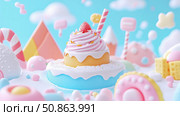 Candy Land Dream: Whimsical Cake Delight with pastel sweets, ideal for childrens parties, greeting cards, poster. Стоковое AI-изображение, AI-художник Данила Большаков / Фотобанк Лори