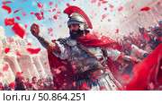Triumphant Commanders Acclaim: military leader greeted with showers of rose petals, honoring valor and victory. Стоковое AI-изображение, AI-художник Данила Большаков / Фотобанк Лори