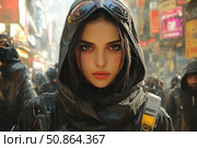 Cyberpunk digital illustration of a determined girl in a hood and protective clothing against the backdrop of a neon metropolis. The face is decorated with neon elements, and there is a cold determination in her eyes. The atmosphere is thick, tense, with an emphasis on the individuality and inner strength of the heroine. The illustration is perfect for projects related to games, science fiction, animation, comics and visual novels. Стоковое AI-изображение, AI-художник Анна Кривицкая / Фотобанк Лори