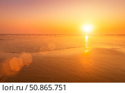 A colorful sunset or sunrise on the seaside with a sandy beach with impurities of volcanic ash. Mandrem, Goa, India. (2018 год). Стоковое фото, фотограф Емельянов Евгений Викторович / Фотобанк Лори