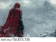 An epic fantasy scene - a warrior in a red cloak stands on a rocky snow-capped peak, looking at the ice-covered mountains disappearing in a snowstorm. In his hand is a sword, and around him rages the cold elements. This image symbolizes fortitude, inner strength, the hero's path and loneliness in the face of adversity. Perfect for book covers, board games, posters, video games and fantasy projects. Стоковое AI-изображение, AI-художник Анна Кривицкая / Фотобанк Лори