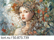 This exquisite illustration is a portrait of a girl who embodies the image of nature. Her hair is intertwined with leaves and flowers, creating the impression of unity with the surrounding world. Fine lines, a soft color palette and a romantic mood give the image a fabulous, almost magical atmosphere. Suitable for themes: nature, femininity, fantasy, art, illustration, romance, seasons. Стоковое AI-изображение, AI-художник Анна Кривицкая / Фотобанк Лори