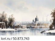 Winter cityscape, painted in watercolor. In the foreground is a calm river with reflections of snow-covered trees and buildings. In the center of the composition is a majestic cathedral with domes and crosses, classical style architecture. The painting conveys the atmosphere of silence, cold and peace of a winter morning in an old European or Russian city. Suitable for themes of architecture, history, winter, cityscape, postcards and decor. Стоковое AI-изображение, AI-художник Анна Кривицкая / Фотобанк Лори