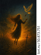 A mystical painting depicting a female figure hovering in the air against the backdrop of a fiery sunset. Her hair flutters in the wind, her hand reaches for a white dove flying upward, releasing the feather. Below is the shadow of a sword and lifeless trees. The work is filled with symbolism: liberation, forgiveness, transition between worlds. The atmosphere immerses you in feelings of loss and hope at the same time. Ideal for book design, music albums, philosophical and esoteric projects. Стоковое AI-изображение, AI-художник Анна Кривицкая / Фотобанк Лори